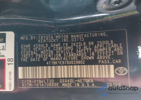 2013 Toyota Avalon Xle Touring z USA, uszkodzony, nr VIN 4T1BK1EB7DU029802